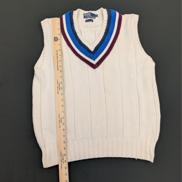 Polo Ralph Lauren Cricket Sweater Vest Mens XL Cream Cotton V-Neck Striped Trim